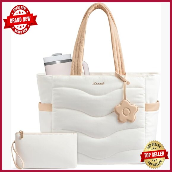 Handbags - Large Puffer Tote Bag with 14 Pockets, Laptop Compartment, Travel Friendly